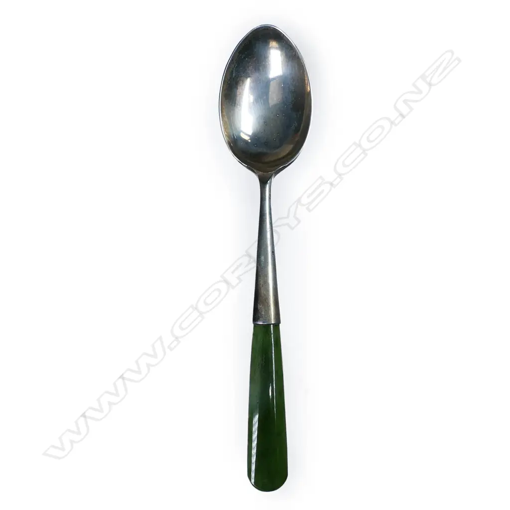 Joseph Swindell set of six silver and pounamu coffee spoons, Image 1++
